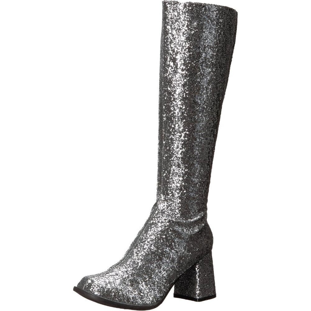 Women's Gogo-g Sparkly Silver Glitter Knee High Boots with Chunky Block Heel